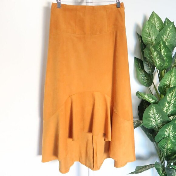 Maeve by Anthropologie Cosima Flounced High Low Skirt Brushed Faux Suede Sz 0 - Picture 7 of 13